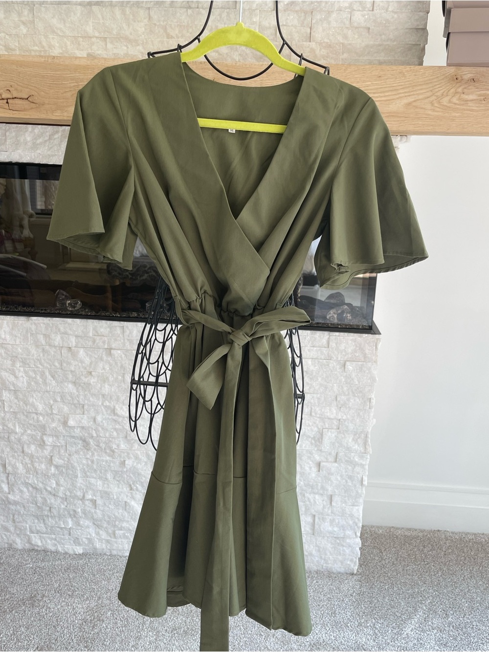 Olive Green Midi Wrap Dress with Tie Waist